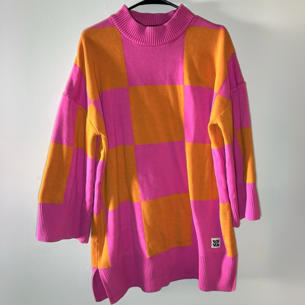 Lucy & Yak Pink and Orange Checkered Oversized Sweater /Sweater Dress - Picture 2 of 7